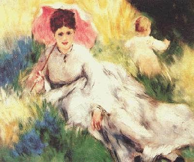 Pierre Renoir Woman with a Parasol and a Small Child on a Sunlit Hillside Germany oil painting art